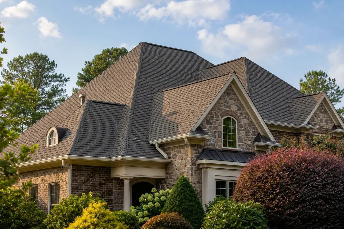 Roof-dominant upscale Indian Trail NC home with a coherent architectural shingle roof, ridge caps, and no people or vehicles visible