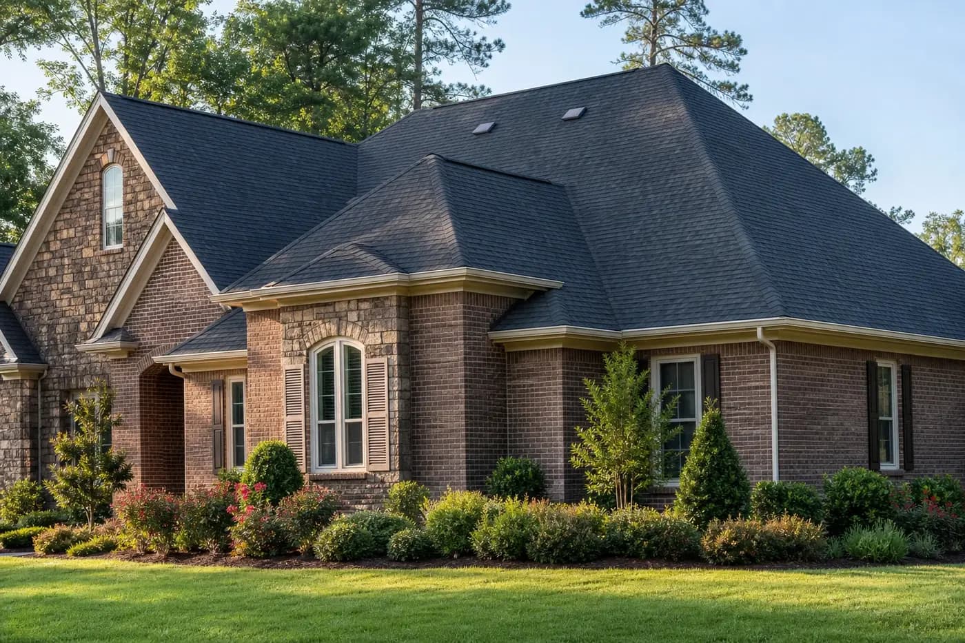 Roof-dominant upscale Indian Trail NC home with architectural shingles and two properly installed low-profile box roof vents