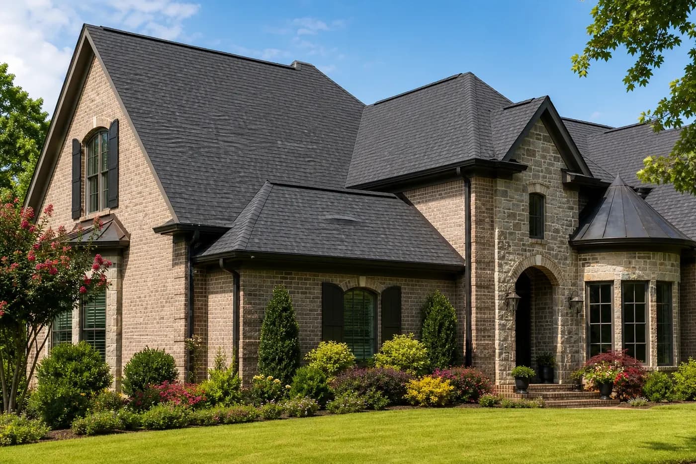 Roof-dominant upscale Indian Trail NC brick and stone home with a clean architectural asphalt shingle roof and no people or vehicles visible