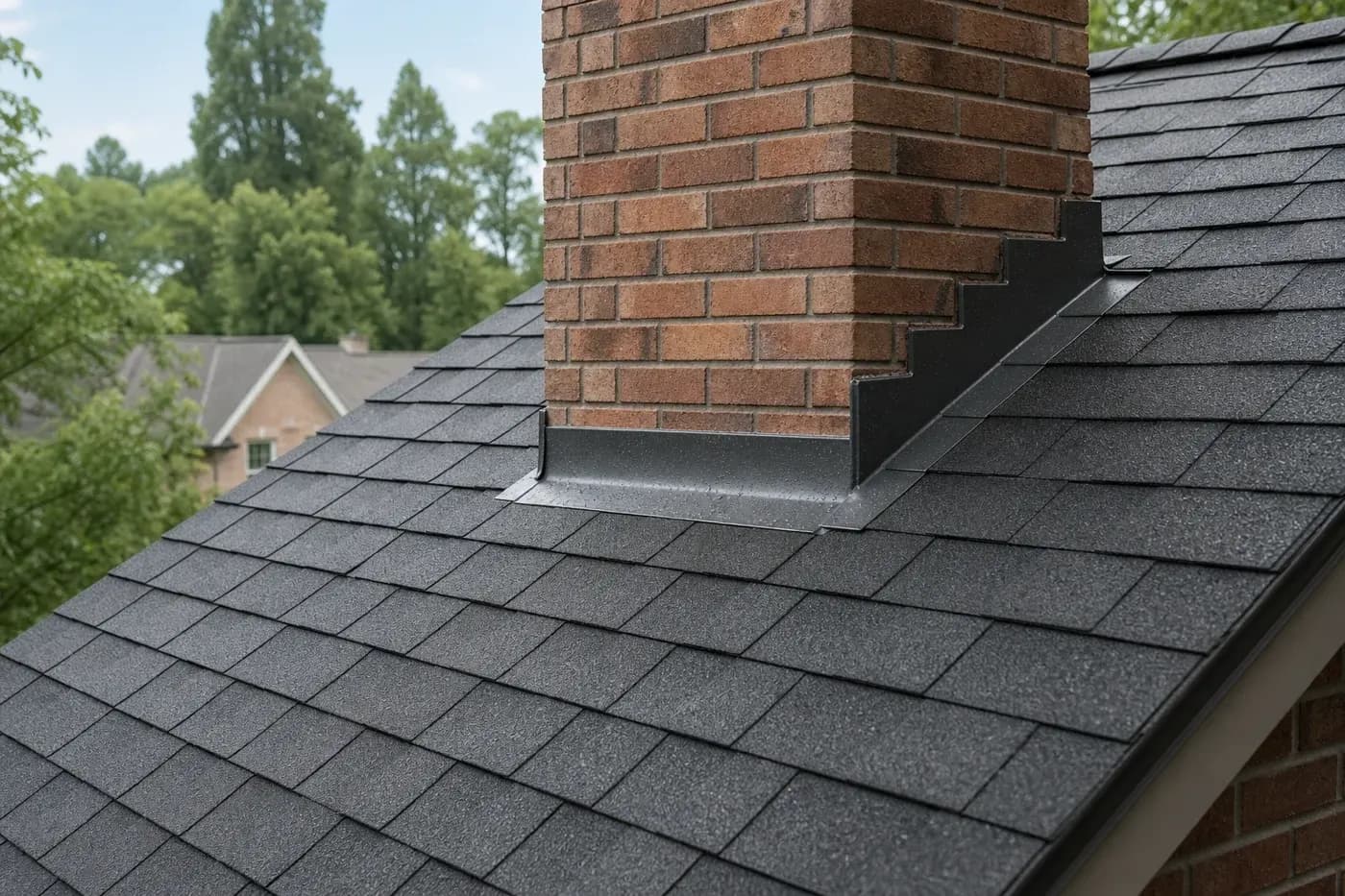 Architectural shingle roof and brick chimney flashing detail on a Charlotte NC home after rain