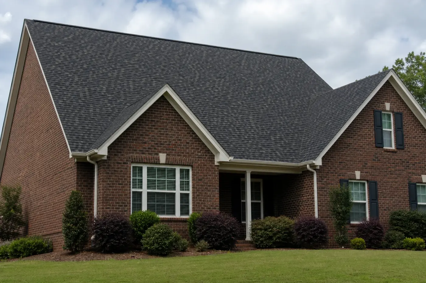Upscale Indian Trail NC brick home with a roof-dominant architectural asphalt shingle roof and no people or vehicles visible