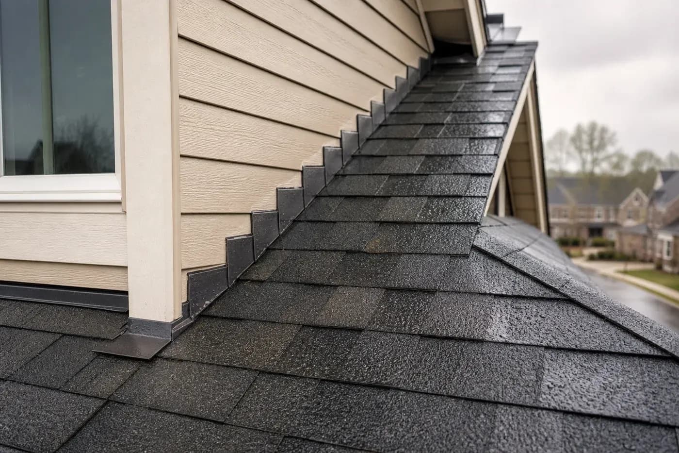Charlotte NC roof dormer with asphalt shingles and step flashing after rain
