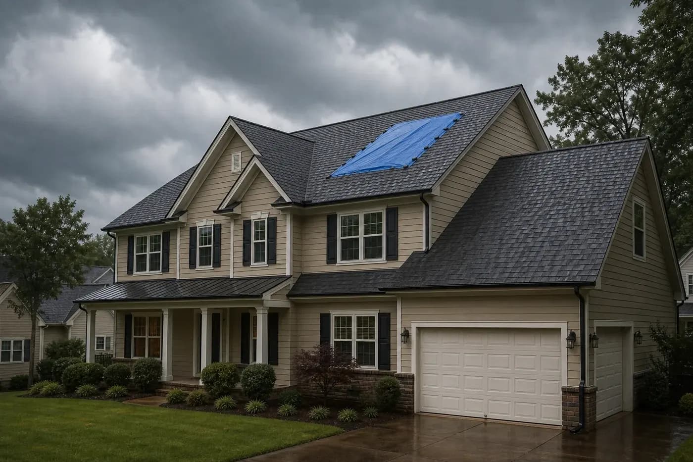 Emergency roof tarp on a Charlotte NC asphalt shingle roof after storm damage