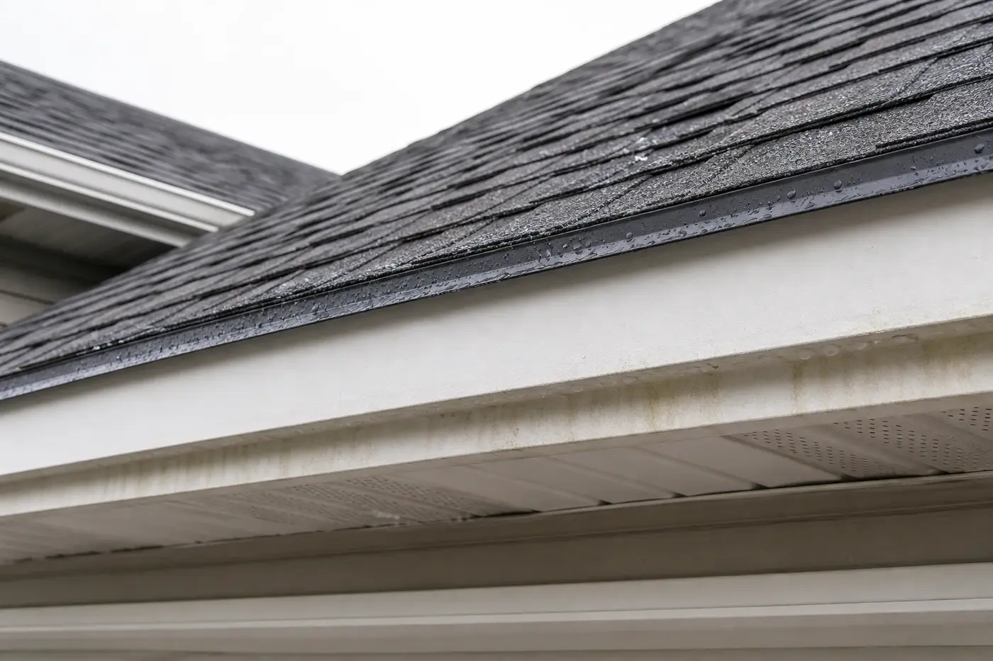 Indian Trail NC roof edge with fascia, soffit vents, drip edge, and gutter moisture staining