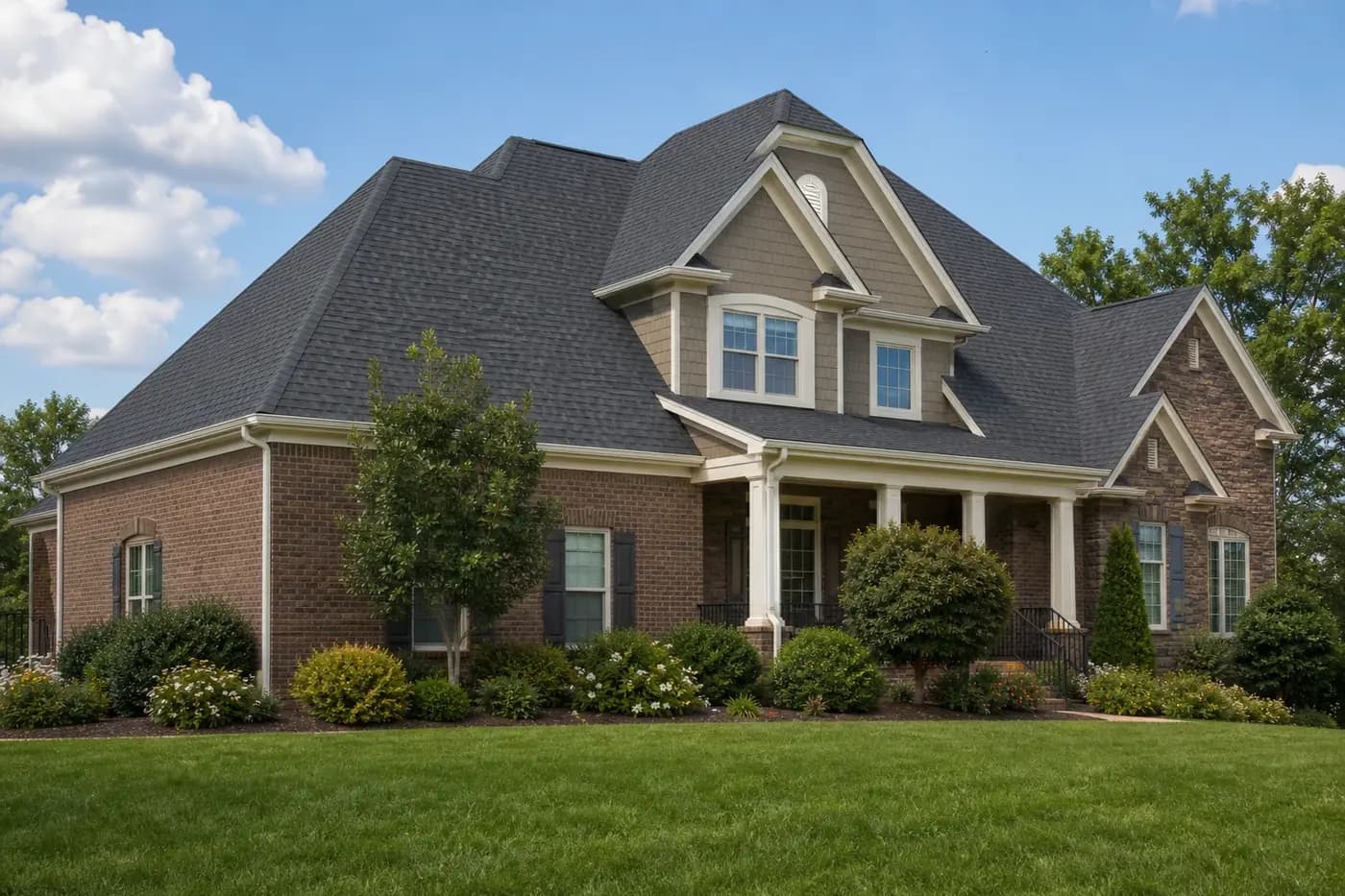 Roof-dominant upscale Indian Trail NC home with architectural shingles and clean white gutters along the eaves