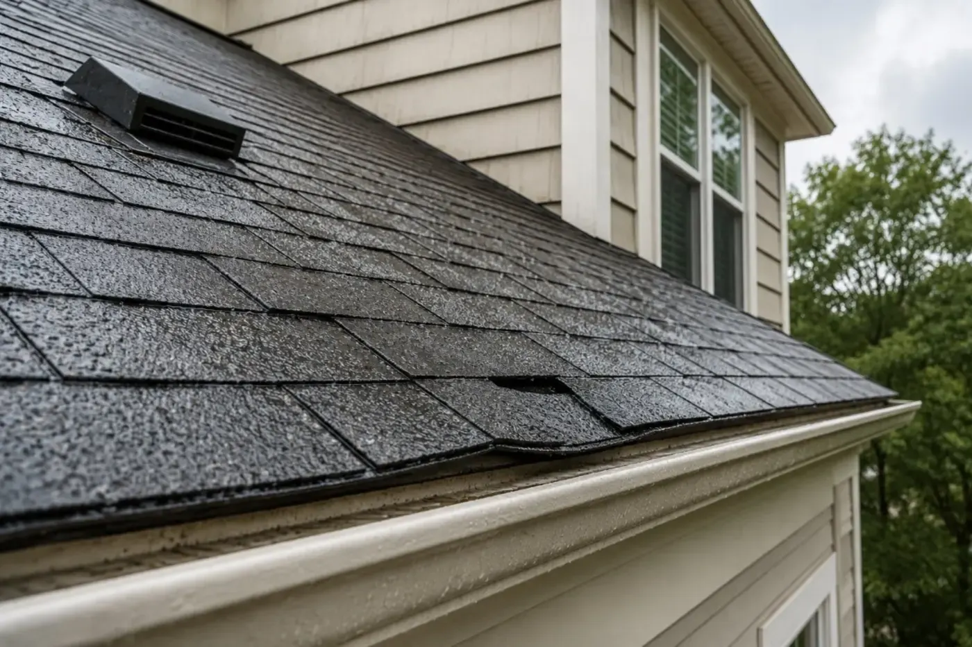 Wet Charlotte NC asphalt shingle roof with a lifted shingle near the gutter after heavy rain