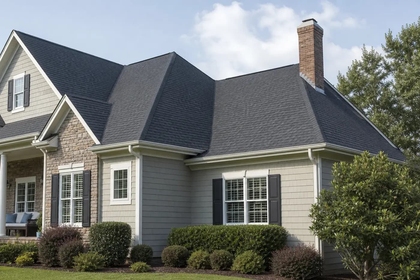Roof-dominant upscale Indian Trail NC home with architectural shingles, a brick chimney, and properly integrated metal flashing
