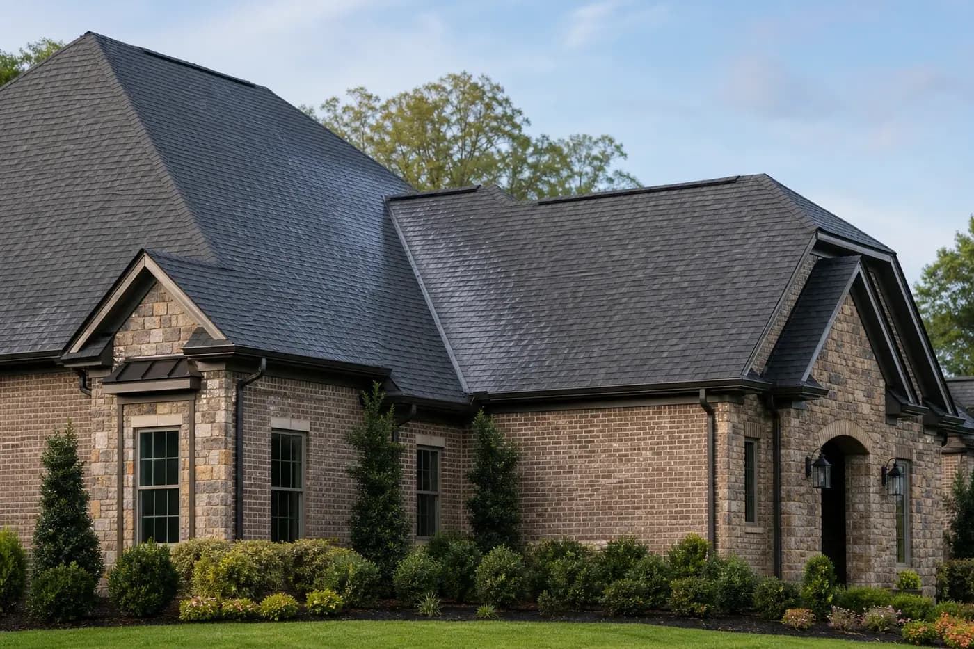 Roof-dominant upscale Indian Trail NC brick-and-stone home after light rain