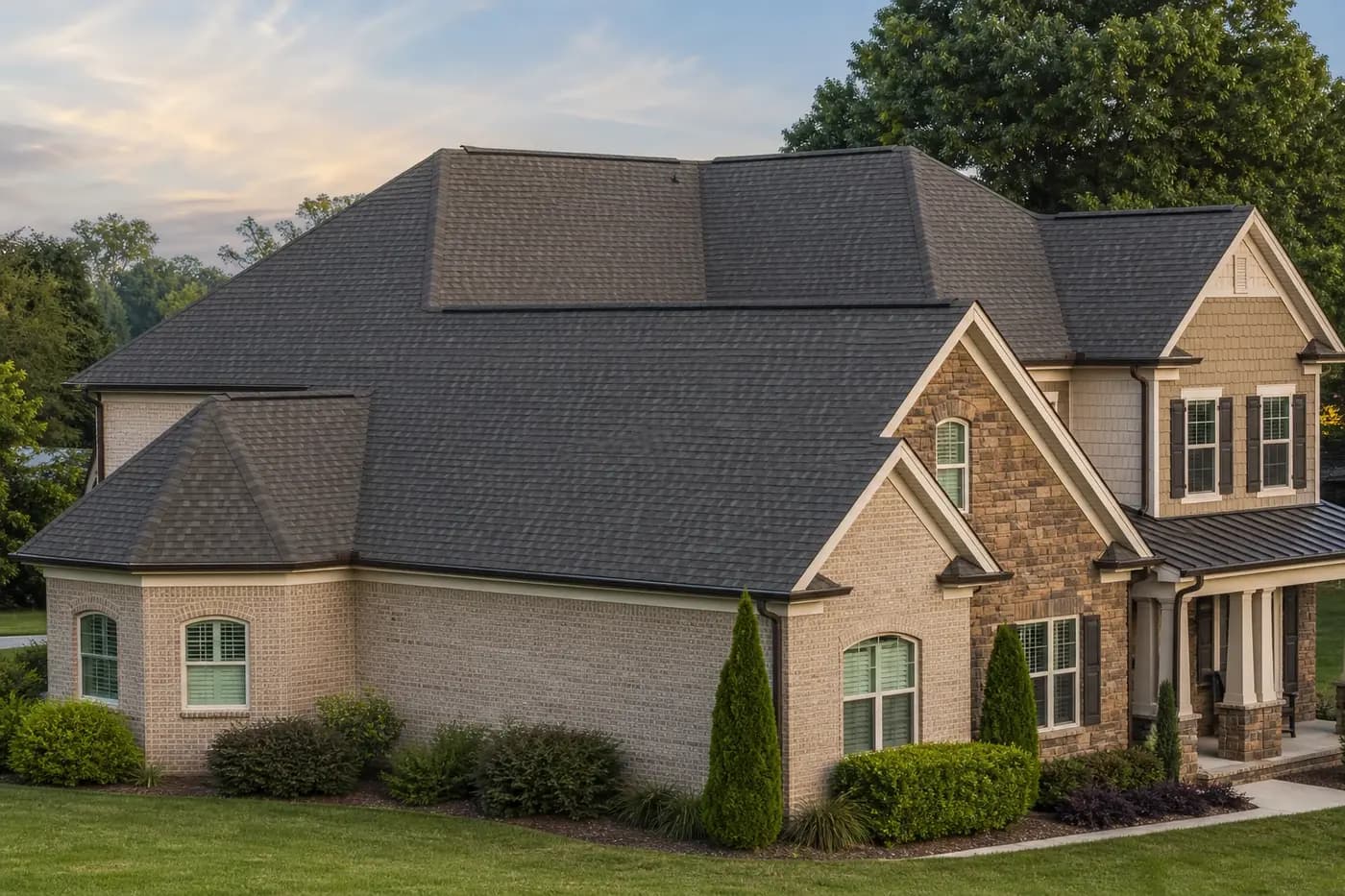 Roof-dominant upscale Indian Trail NC home with a coherent architectural shingle roof and no people or vehicles visible