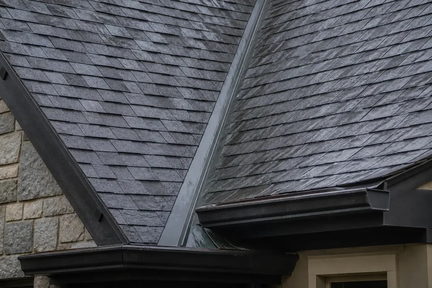 Charlotte NC asphalt shingle roof valley after rain