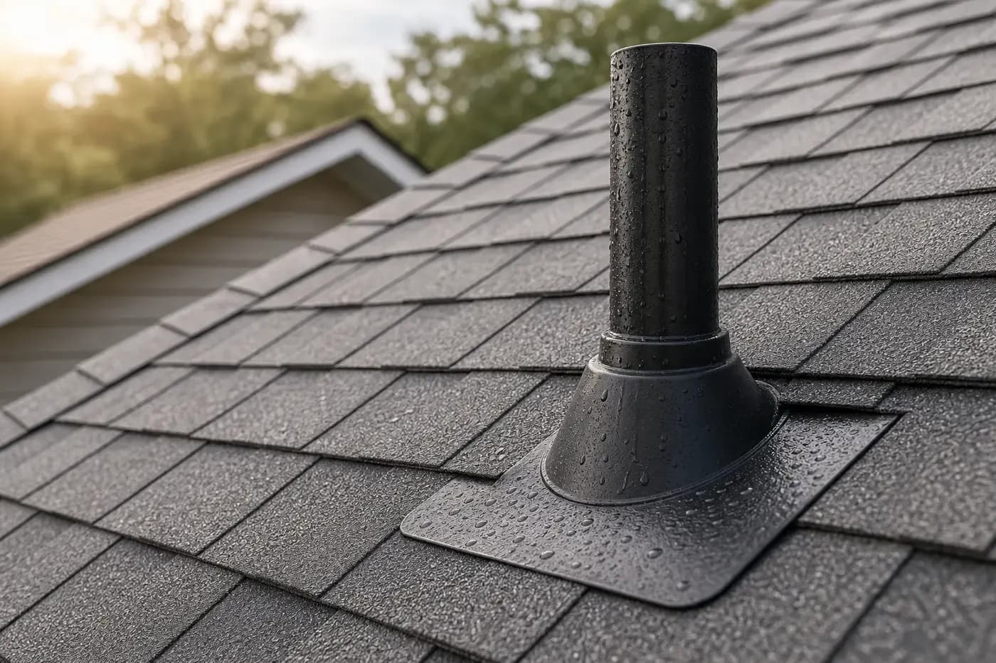 Close-up of a black plumbing vent pipe boot flashing on a wet asphalt shingle roof in Charlotte NC