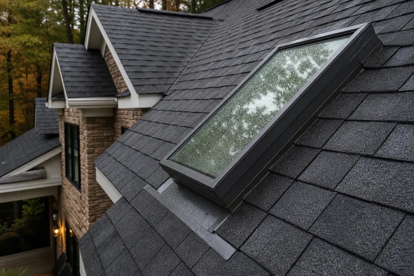 Charlotte NC asphalt shingle roof with a skylight and flashing detail after rain