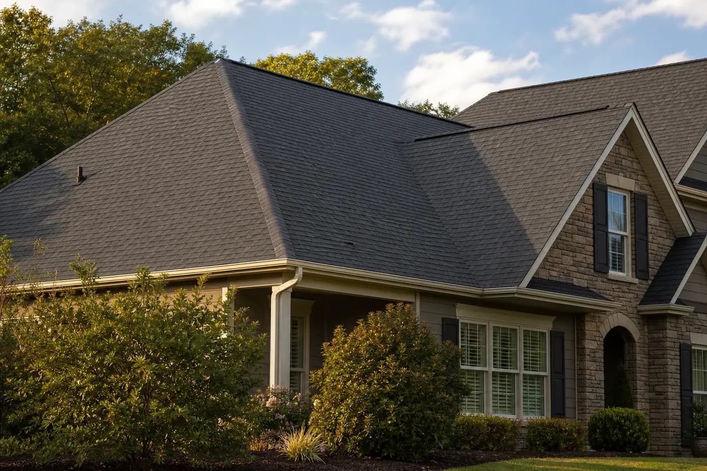 Roof-dominant upscale Indian Trail NC home with a clean architectural asphalt shingle roof and no people or vehicles visible